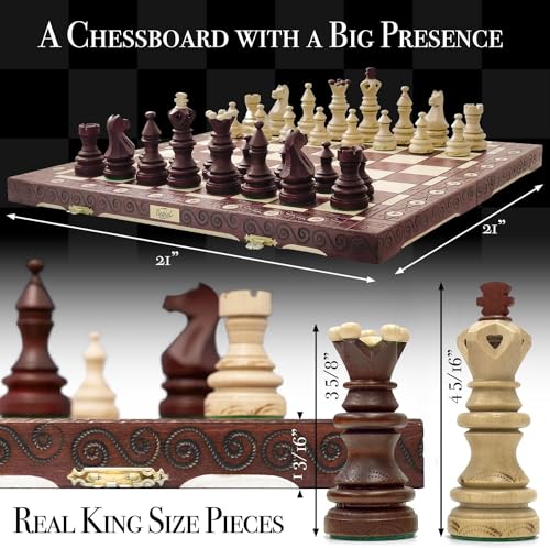 Wegiel Imperator 21Inch Luxury Wooden Chess Set for Adults and Kids Handcrafted from Premium Beech and Birch Wood Unique Folding Design with Chess Piece Storage BrownImperator Brown - Image 5