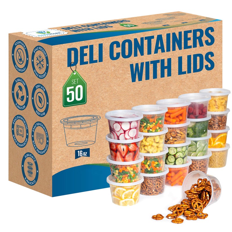 Deli Plastic Food Containers with Airtight Lids 50 Sets Leakproof Slime Small Combo Pack Reusable Storage Disposable Meal Prep Soup Microwaveable Freezer Safe 16oz