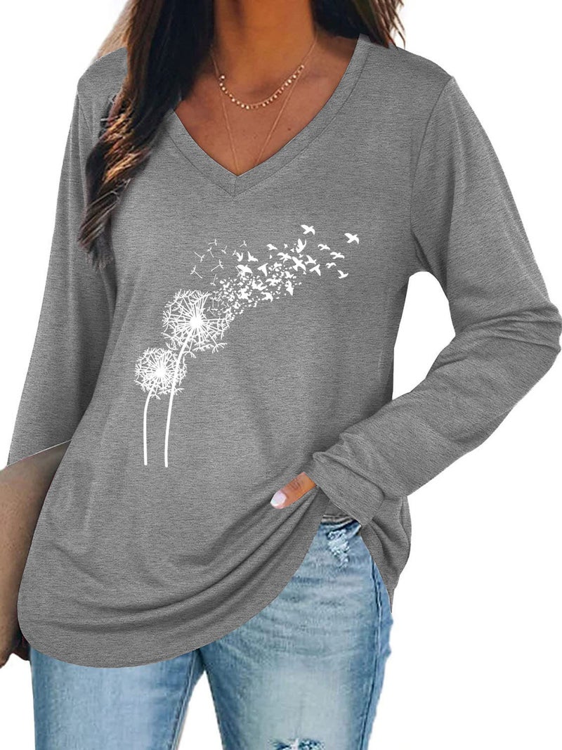 wsih casual women's clothing dandelion print stitching lace V-neck long sleeve T-shirt - Image 1