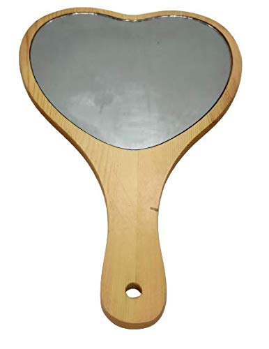 KIRA Small Mirror Beautiful Double Sided Makeup Mirror Vanity Magnifying Both Use of Hand Held Travel and Dressing Table Yellow Wooden HandleBeige Heart  - Image 1