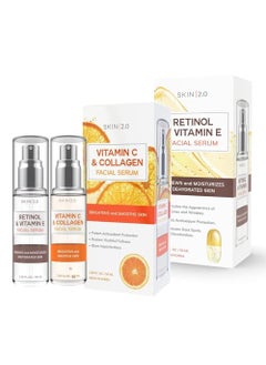 Skin 2.0 Vitamin C & Collagen + Retinol & Vitamin E Facial Serum Set - Dermatologist Tested, Anti-Aging, Dark Spot Remover, Brightening - Cruelty-Free, Clean Beauty, Korean Skincare - 1.69 oz (2-Pack)