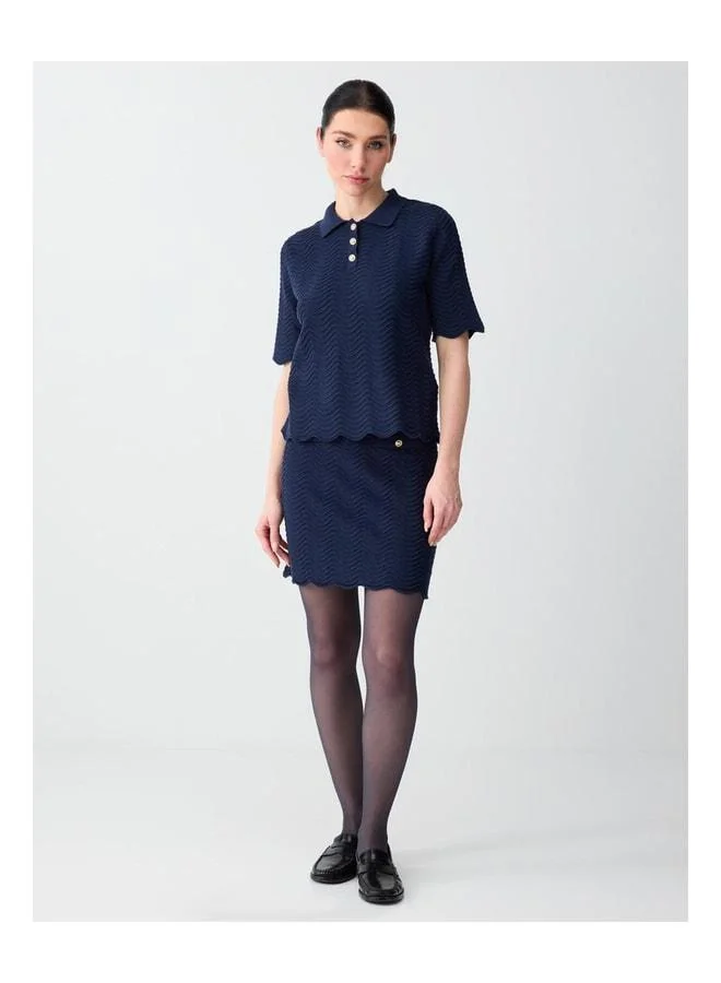 Jimmy Key Navy Polo Collar Short Sleeve Shiny Buttoned Knit Blouse.