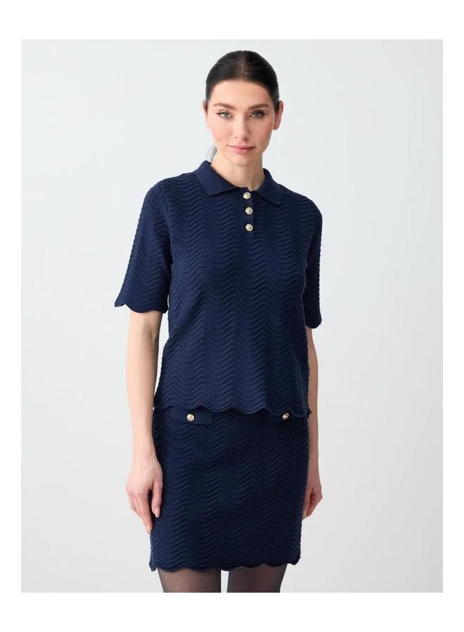 Jimmy Key Navy Polo Collar Short Sleeve Shiny Buttoned Knit Blouse.