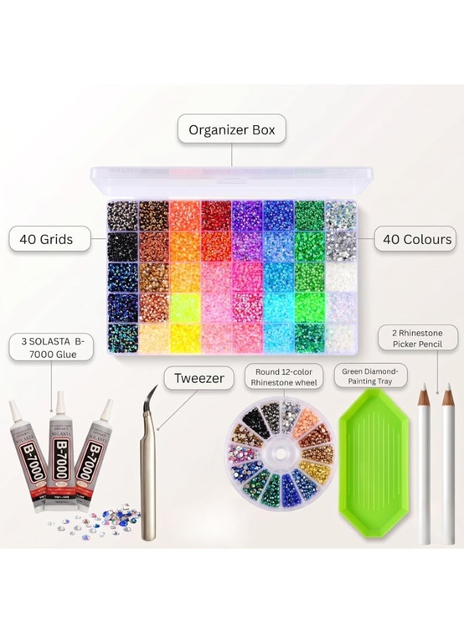 ATRJSZ 40000Pcs Rhinestones for Bedazzling, 40 Colors 3mm Resin Jelly Flatback Gems for Diamond Art, Bedazzler Kit with 3 B-7000 Glue Tubes, Tweezers & Picker Pens for Nail Art, Clothes, Makeup & DIY Crafts - Image 2