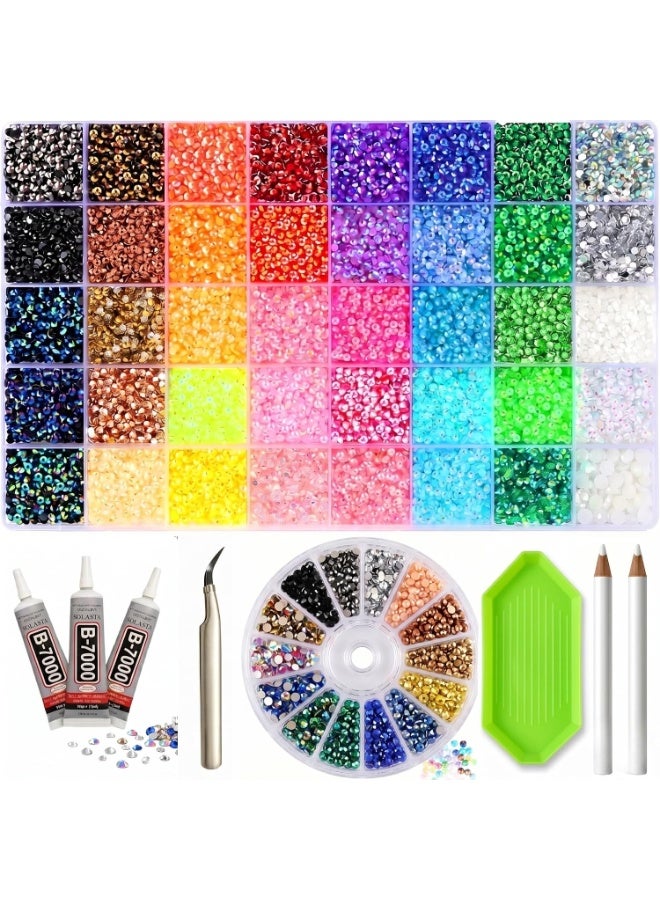 ATRJSZ 40000Pcs Rhinestones for Bedazzling, 40 Colors 3mm Resin Jelly Flatback Gems for Diamond Art, Bedazzler Kit with 3 B-7000 Glue Tubes, Tweezers & Picker Pens for Nail Art, Clothes, Makeup & DIY Crafts - Image 1