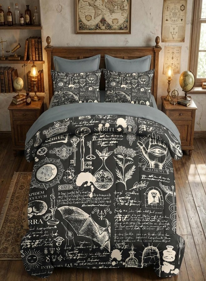 WeCozy 7 Pcs Queen Size Comforter Set with 2 Pillowcases & 2 Shams, Gothic Goth Bat Chemistry Science Bedding for Kids and Adults, Vintage Dark Academia Medieval Bed in a Bag with Flat Fitted Sheet - Image 1