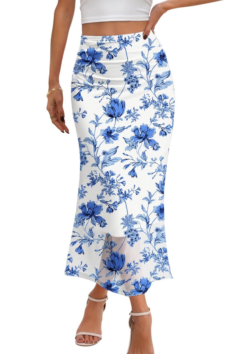 MEROKEETY Women's Summer Floral Mesh Midi Skirt 2026 Casual Trendy High Waist Ruched Boho Skirts, Blue, L - Image 1