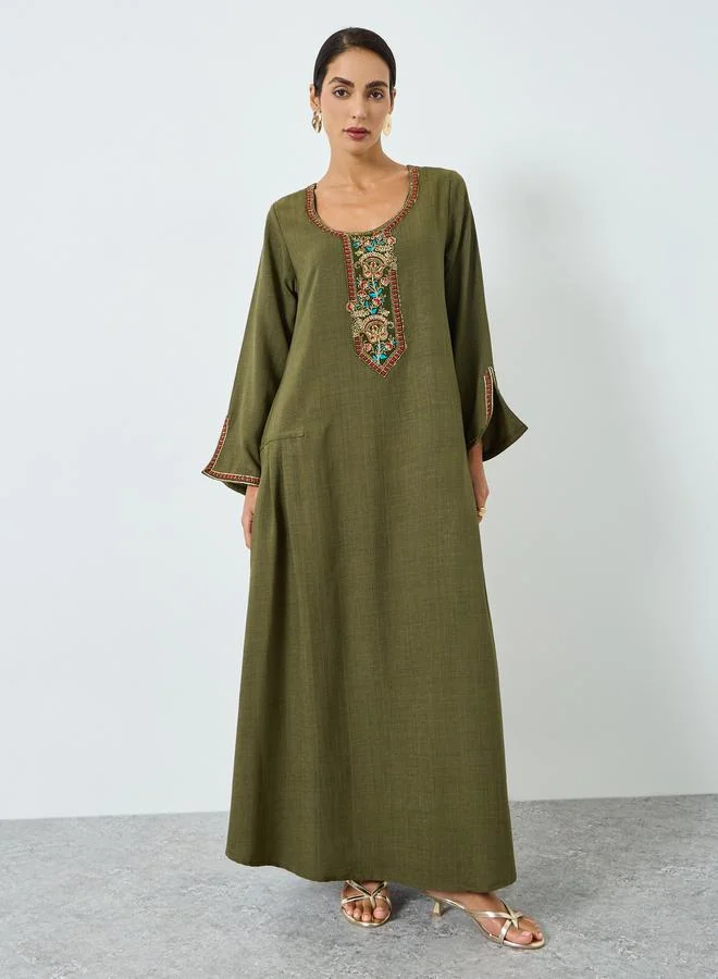 مكسيم كريشن Green Embroidered A-Line Jalabiya