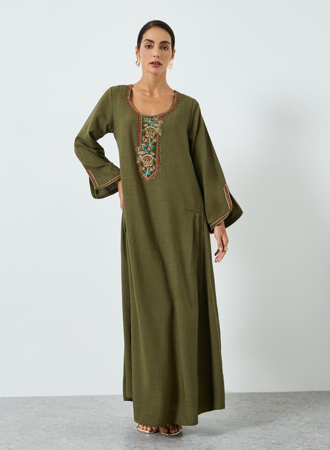 مكسيم كريشن جلابية ايه لاين مطرزة - أخضر - Image 3