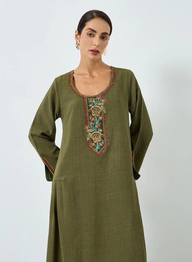 مكسيم كريشن Green Embroidered A-Line Jalabiya