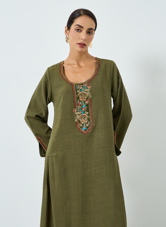 مكسيم كريشن جلابية ايه لاين مطرزة - أخضر - Image 2