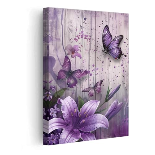 PBXBJY Purple Butterfly Canvas Prints Bathroom Wall Decor Butterflies with Lily Flower Picture Painting Rustic Floral Framed Artwork for Kitchen Living Room (12.00" x 18.00") - Image 1