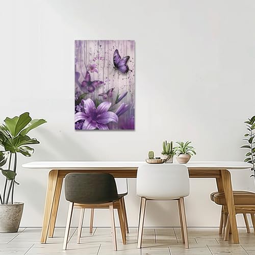 PBXBJY Purple Butterfly Canvas Prints Bathroom Wall Decor Butterflies with Lily Flower Picture Painting Rustic Floral Framed Artwork for Kitchen Living Room (12.00" x 18.00") - Image 4