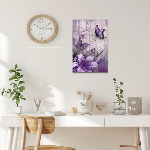 PBXBJY Purple Butterfly Canvas Prints Bathroom Wall Decor Butterflies with Lily Flower Picture Painting Rustic Floral Framed Artwork for Kitchen Living Room (12.00" x 18.00") - Image 3