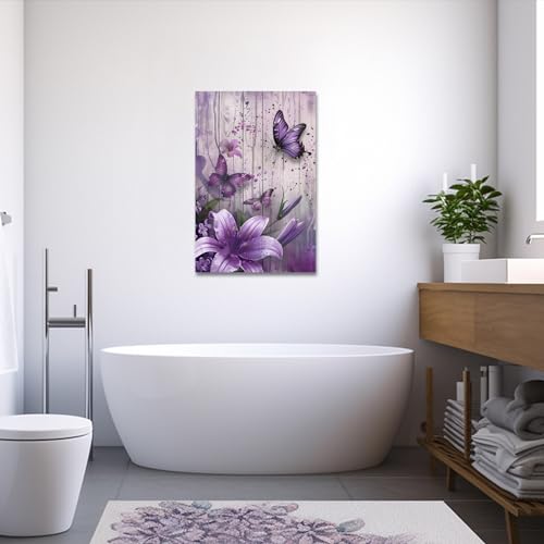 PBXBJY Purple Butterfly Canvas Prints Bathroom Wall Decor Butterflies with Lily Flower Picture Painting Rustic Floral Framed Artwork for Kitchen Living Room (12.00" x 18.00") - Image 2