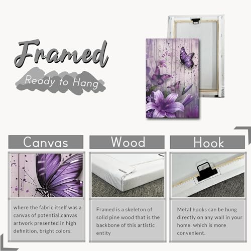 PBXBJY Purple Butterfly Canvas Prints Bathroom Wall Decor Butterflies with Lily Flower Picture Painting Rustic Floral Framed Artwork for Kitchen Living Room (12.00" x 18.00") - Image 5