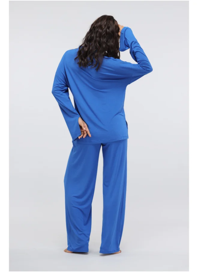 NeceSera Olympian Blue Flared Lounge Set with Button down Long Top