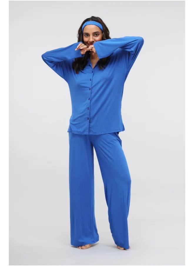 NeceSera Olympian Blue Flared Lounge Set with Button down Long Top
