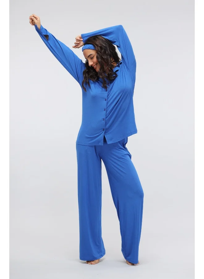 NeceSera Olympian Blue Flared Lounge Set with Button down Long Top
