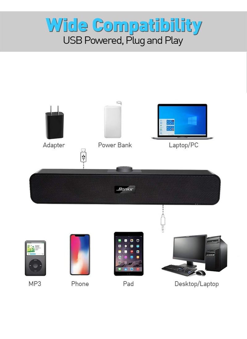 BONKS - （Bluetooth）Computer Speakers with 3.5 mm Aux, Small PC Speakers Powered by USB, Wired USB Desktop Speaker, USB Soundbar for Monitor, Mini Stereo Speaker for PC, Tablets, Laptop, Plug and Play - Image 1