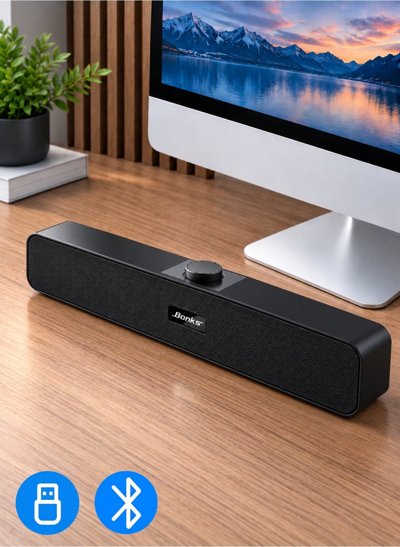 BONKS （Bluetooth）Computer Speakers with 3.5 mm Aux, Small PC Speakers Powered by USB, Wired USB Desktop Speaker, USB Soundbar for Monitor, Mini Stereo Speaker for PC, Tablets, Laptop, Plug and Play - Image 1
