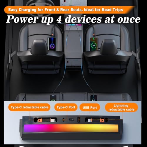 NOVCAPAR Center Console USB Hub for Tesla Model Y Juniper 2025–2026 & Tesla Model 3 Highland 2024-2025, 108W Fast Charging, Retractable Type-C & Lightning Cables, Built-in RGB Ambient Light - Image 3
