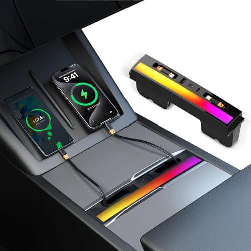 NOVCAPAR Center Console USB Hub for Tesla Model Y Juniper 2025–2026 & Tesla Model 3 Highland 2024-2025, 108W Fast Charging, Retractable Type-C & Lightning Cables, Built-in RGB Ambient Light - Image 1