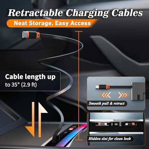 NOVCAPAR Center Console USB Hub for Tesla Model Y Juniper 2025–2026 & Tesla Model 3 Highland 2024-2025, 108W Fast Charging, Retractable Type-C & Lightning Cables, Built-in RGB Ambient Light - Image 4