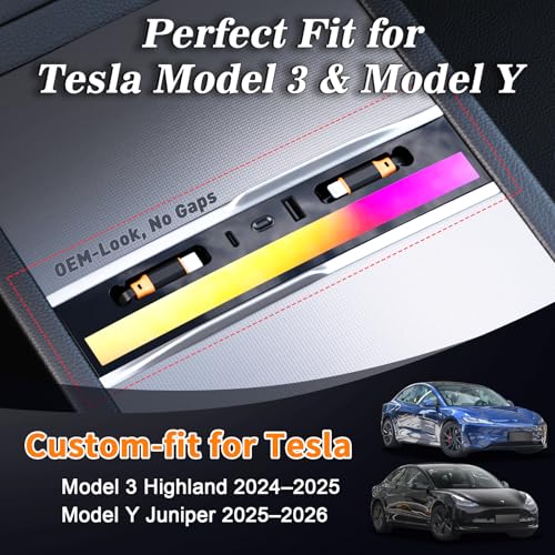 NOVCAPAR Center Console USB Hub for Tesla Model Y Juniper 2025–2026 & Tesla Model 3 Highland 2024-2025, 108W Fast Charging, Retractable Type-C & Lightning Cables, Built-in RGB Ambient Light - Image 2