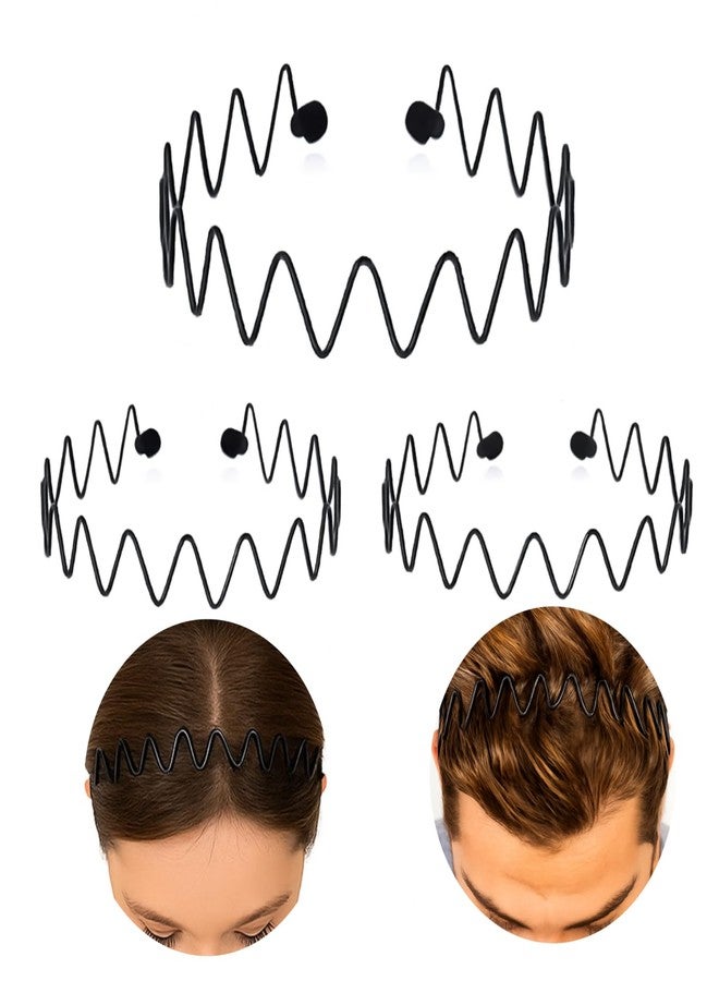 CAMKONG 3PCS Metal headbands for Men Headband Women Wavy Hair bands Spring Hair Hoop Sports Fashion Hairband Unisex Black Elastic Non Slip Simple Headwear Accessories - Image 1