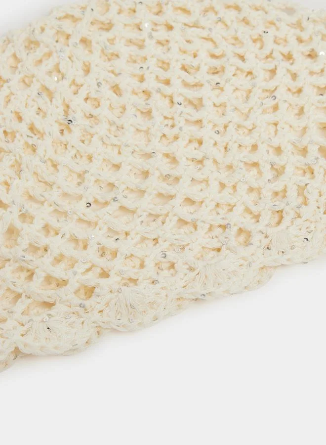 Styli Beige Crochet Beanie with Sequins