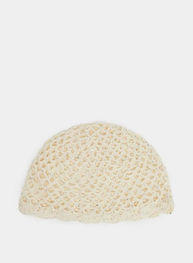 Styli Beige Crochet Beanie with Sequins