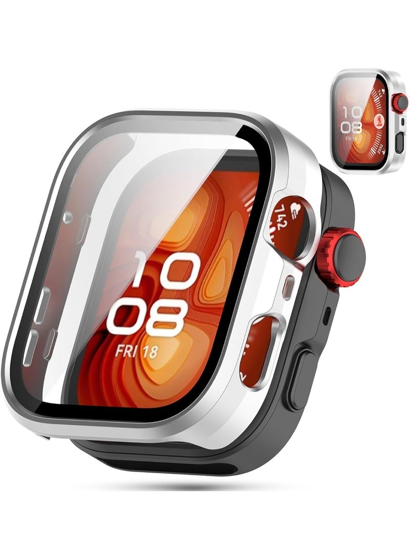 Case Compatible with Huawei Watch Fit 4 Pro, Full Coverage Slim Hard Case Protective Bumper Built-in Tempered Glass Screen Protector Shell for Huawei Watch Fit 4 Pro (Silver) - Image 1