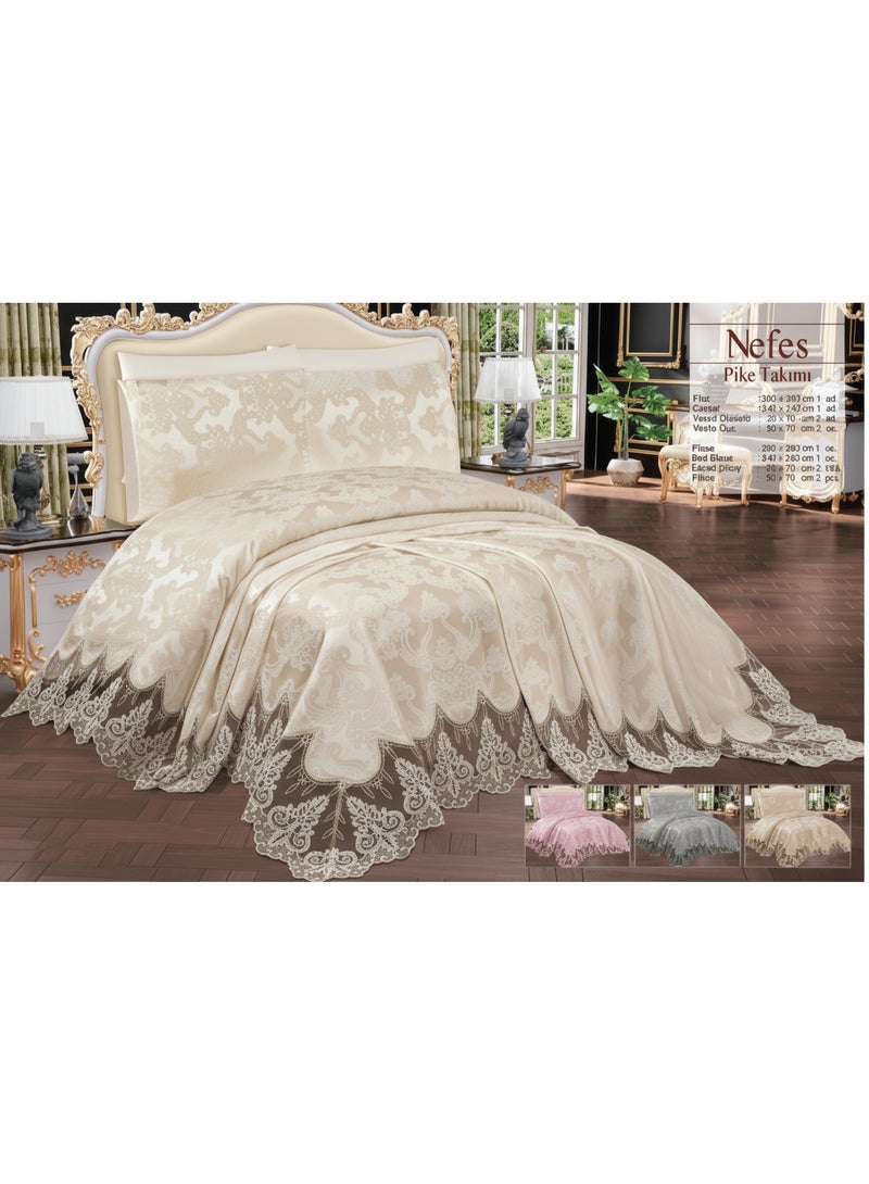 Premium Nefes Pique Bedspread Set - Laced Blanket with Bed Sheet King Size and Pillowcases & Cushion Cover Set Soft Breathable & Durable Fabric for Home Hotel (Biege)