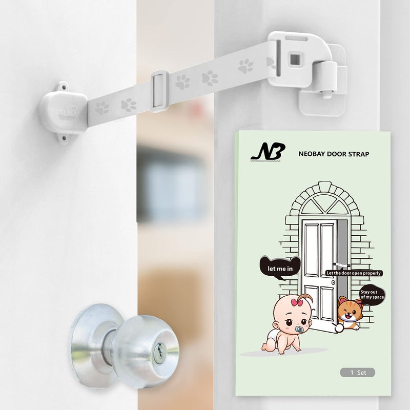 Neobay Child Proof Door Lock with Adjustable Door Strap and Latch. No Need for Interior Cat Door. Keep Toddler Out of Room with Litter Box While Let Cat in Easily - Image 1