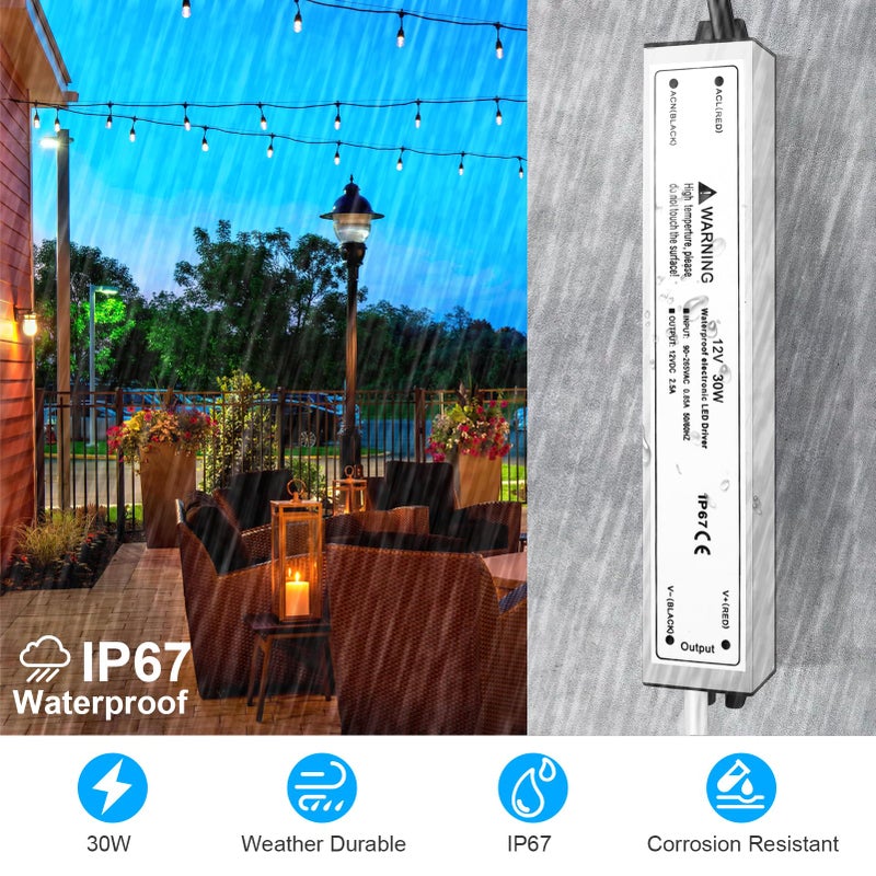 LightingWill LED Driver 30 Watts Waterproof IP67 Power Supply Transformer, 90-265V AC to 12V DC Low Voltage Output, Adapter with 3-Prong Plug 3.3 Feet Cable for Outdoor Use, Computer Project - Image 4
