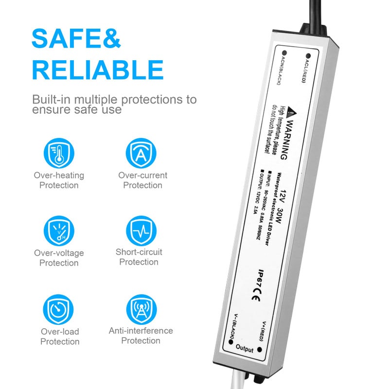 LightingWill LED Driver 30 Watts Waterproof IP67 Power Supply Transformer, 90-265V AC to 12V DC Low Voltage Output, Adapter with 3-Prong Plug 3.3 Feet Cable for Outdoor Use, Computer Project - Image 2