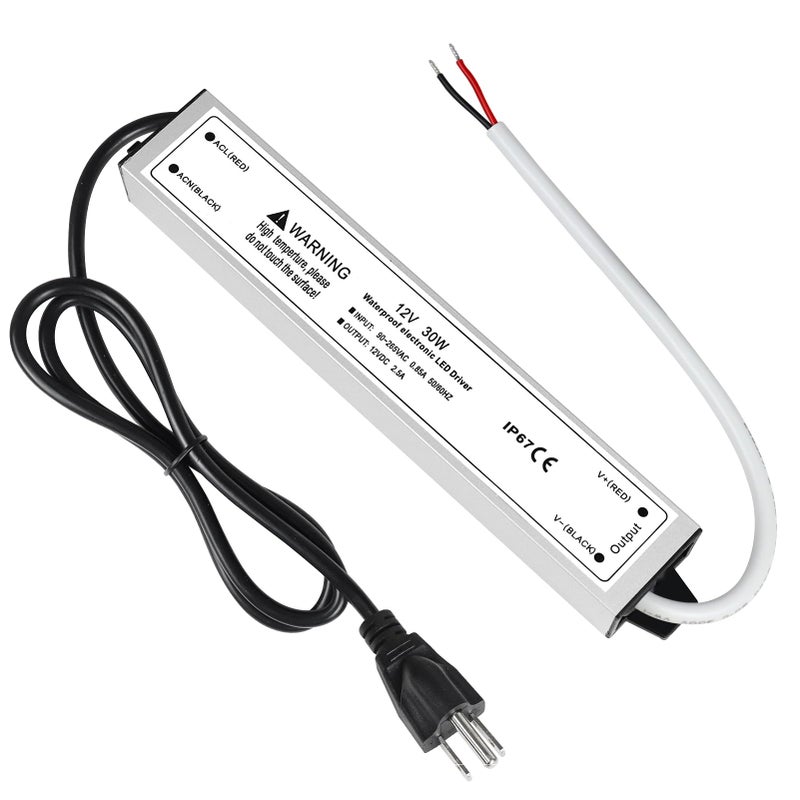LightingWill LED Driver 30 Watts Waterproof IP67 Power Supply Transformer, 90-265V AC to 12V DC Low Voltage Output, Adapter with 3-Prong Plug 3.3 Feet Cable for Outdoor Use, Computer Project - Image 1
