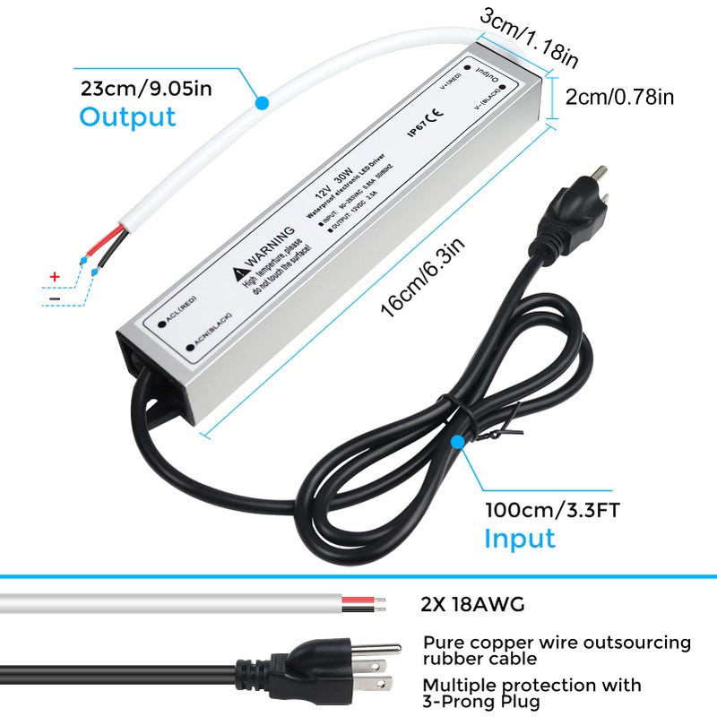 LightingWill LED Driver 30 Watts Waterproof IP67 Power Supply Transformer, 90-265V AC to 12V DC Low Voltage Output, Adapter with 3-Prong Plug 3.3 Feet Cable for Outdoor Use, Computer Project - Image 3