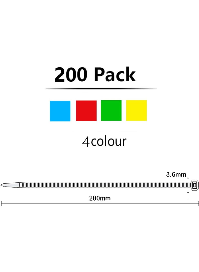 SUNSAR 200 Pack Cable Ties Red Green Blue Yellow 50 pcs per Color 200mm×3.6mm Strong Nylon Plastic Self Locking 8 inch/20 cm Long Multi Color Zip Tie Wraps - Image 2