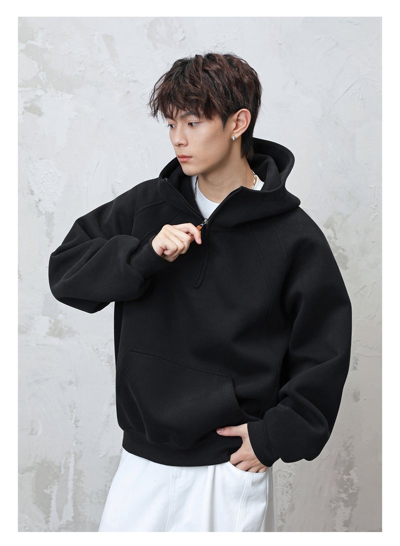 NIBEMINENT Split Half-Zip Hoodie For Men Autumn And Winter Thickened Half-Turtle Neck Raglan Solid Color Long Sleeve Hoodie Jacket - Image 2