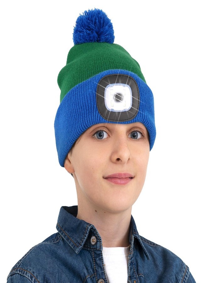 MELASA Hat with Light for Kids, Warm Boys Girls Headlamp Beanie Winter Hat with Pom-Pom, Christmas Stocking Cap Stuffers Gifts Green Blue - Image 1