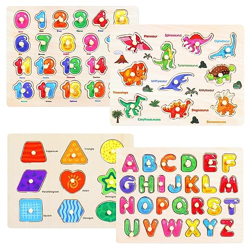 Melofaver Montessori Wooden Peg Puzzles for Toddlers 3 4 5 Year Old 4 Pcs Kids Educational Toys Preschool Learning ActivitiesAlphabet Shape Number and Dinosaur Baby Puzzle Gifts for Boys Girls - Image 1