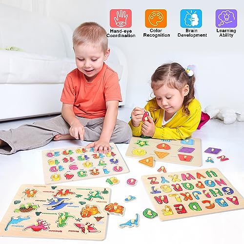 Melofaver Montessori Wooden Peg Puzzles for Toddlers 3 4 5 Year Old 4 Pcs Kids Educational Toys Preschool Learning ActivitiesAlphabet Shape Number and Dinosaur Baby Puzzle Gifts for Boys Girls - Image 5