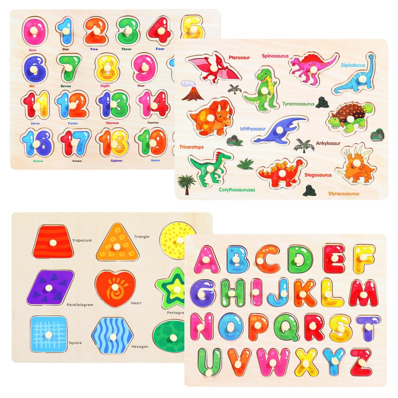 Melofaver Montessori Wooden Peg Puzzles for Toddlers 3 4 5 Year Old 4 Pcs Kids Educational Toys Preschool Learning ActivitiesAlphabet Shape Number and Dinosaur Baby Puzzle Gifts for Boys Girls - Image 3