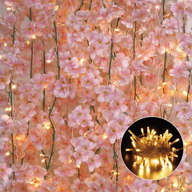 Sunm Boutique 12-Pack 70.8 Ft Artificial Cherry Blossom Garland Cherry Blossom Hanging Vine with 65.6 Ft Long 160 LED String Lights Silk Sakura Vines Garland for Wedding Party Home Decor  Pink - Image 1