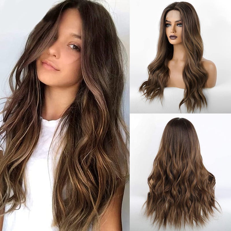 EMMOR Long Brown Lace Front Wig for Women 25 Inch Natural Hair Wavy Synthetic Wigs Middle Part Daily Hair Hand TiedLonglifeLightweight