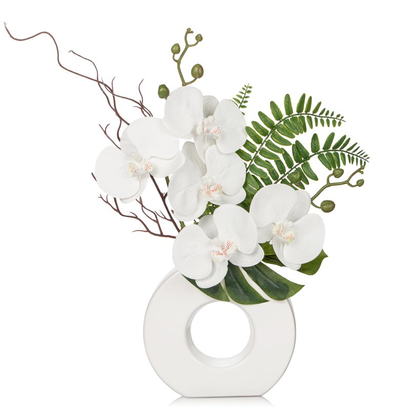 Briful Orchid Artificial Flowers 16.1'' White Orchid Silk Flowers with Ceramic Vase Faux Orchid Arrangement for Home Office Table Centerpiece Indoor Decoration - Image 1