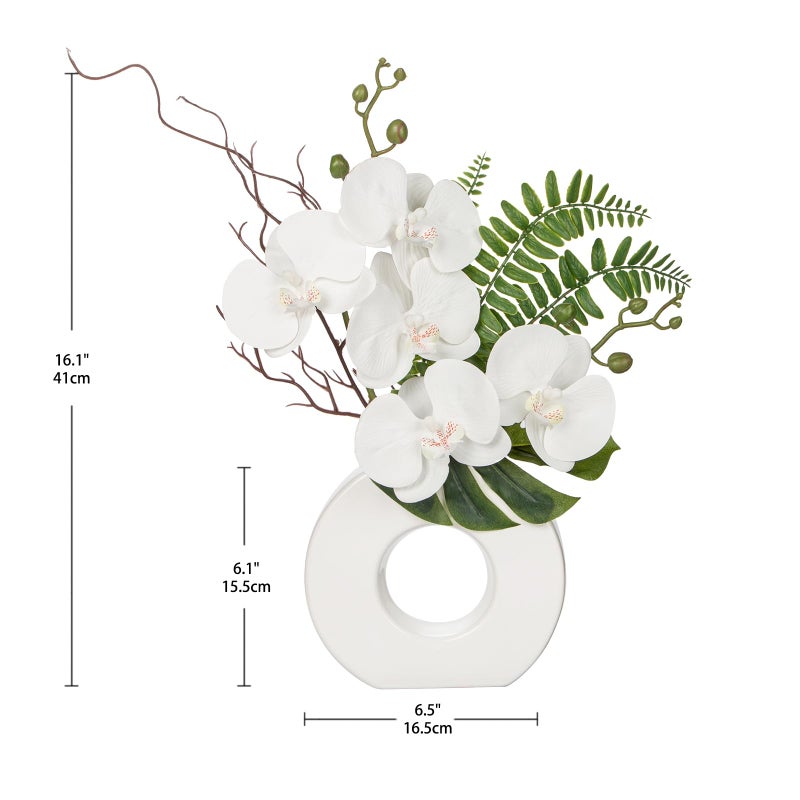 Briful Orchid Artificial Flowers 16.1'' White Orchid Silk Flowers with Ceramic Vase Faux Orchid Arrangement for Home Office Table Centerpiece Indoor Decoration - Image 2