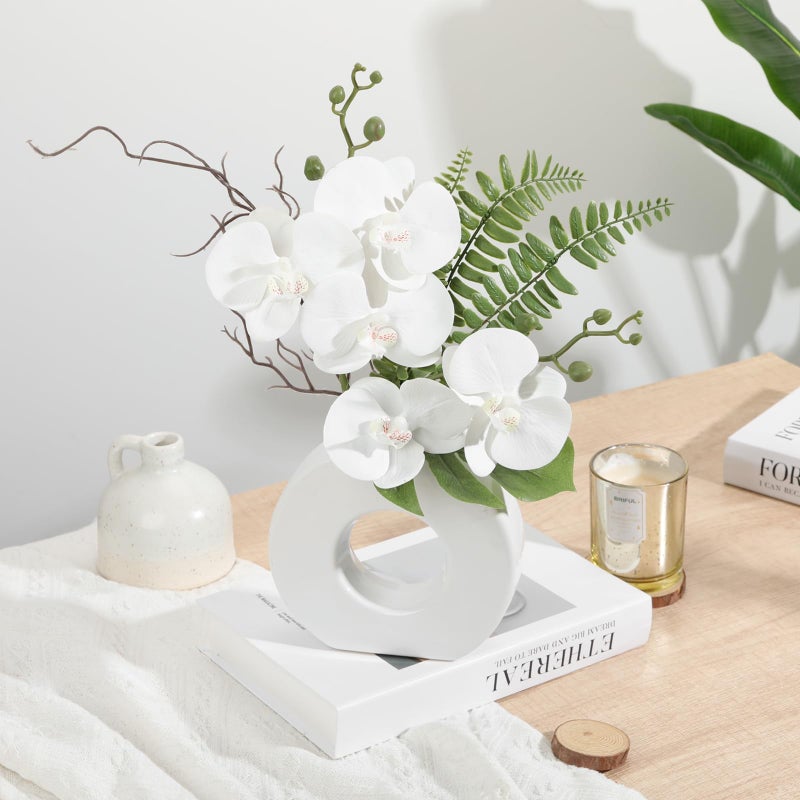 Briful Orchid Artificial Flowers 16.1'' White Orchid Silk Flowers with Ceramic Vase Faux Orchid Arrangement for Home Office Table Centerpiece Indoor Decoration - Image 3